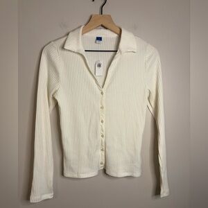 Women’s Old Navy ribbed button-down long-sleeve polo top in cream size M NWT